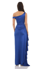 Satin Off Shoulder Maxi Dress in Blue