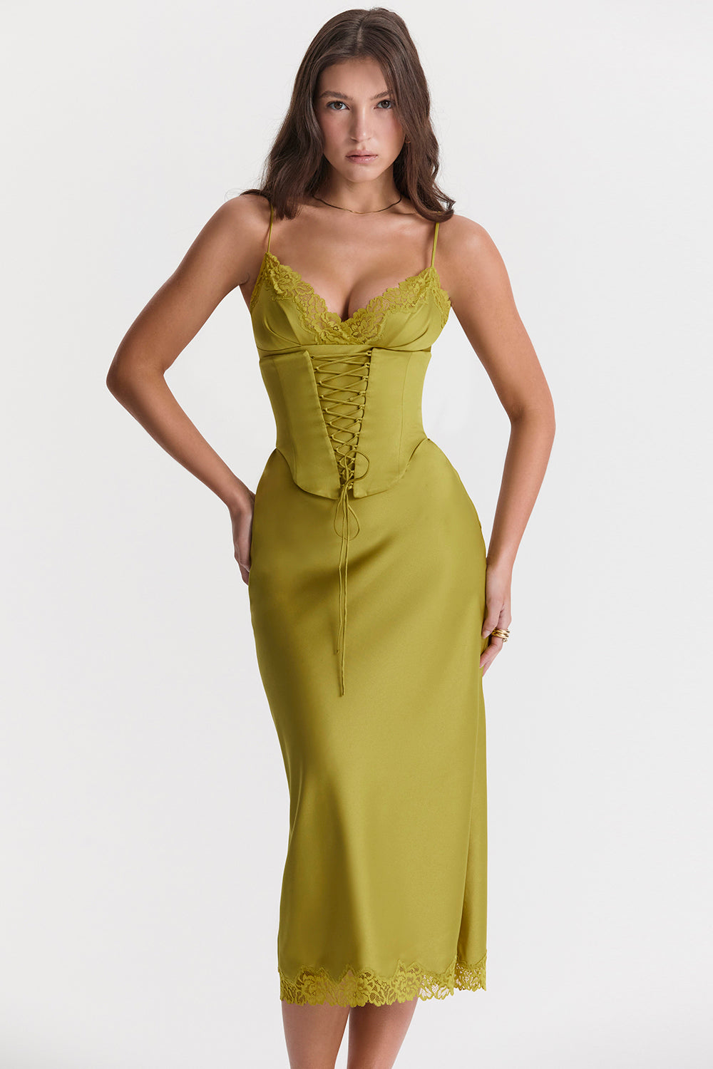 chartreuse satin slip dress