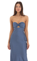 Satin Twist Cutout Midi Dress in Navy