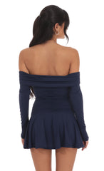 Off Shoulder Ruched Flare Dress in Navy