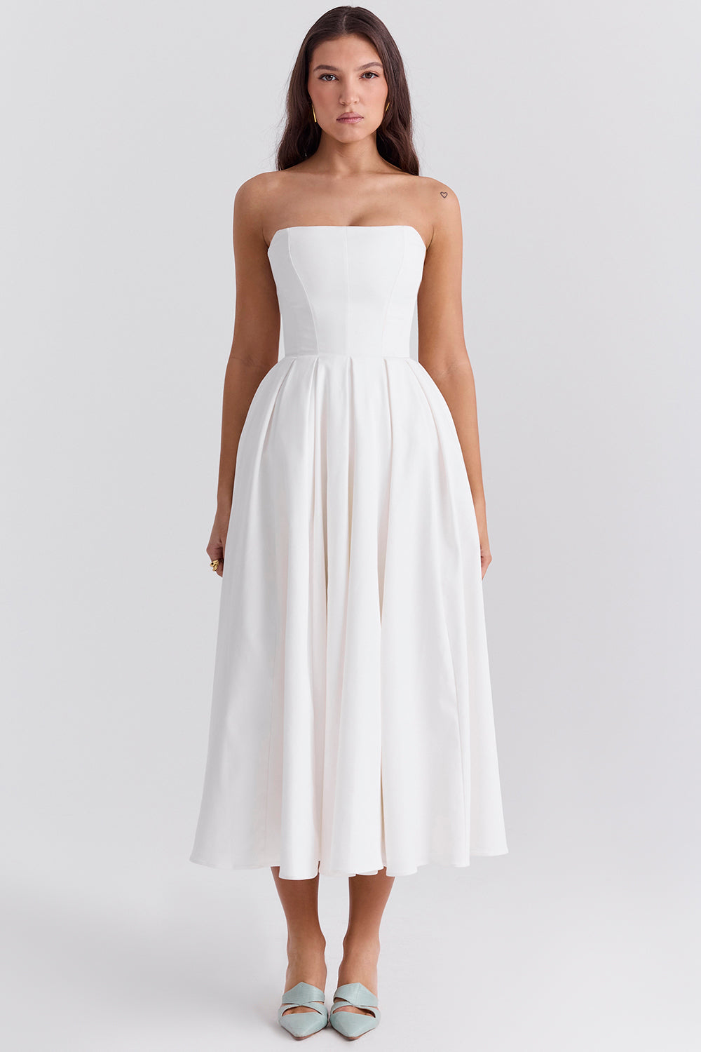 white strapless midi sundress