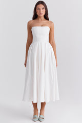 white strapless midi sundress