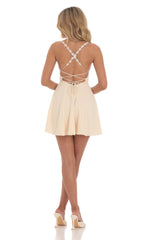 Floral Strap Crossback Fit and Flare Dress in Peach