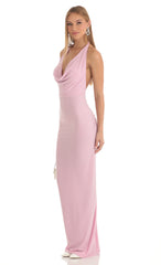 Gathered Back Halter BodyCon Maxi Dress in Pink