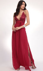 Floral Lace Plunge Maxi in Merlot