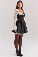 black lace ruffle mini dress