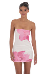 Floral Mesh Strapless Bodycon Dress in White