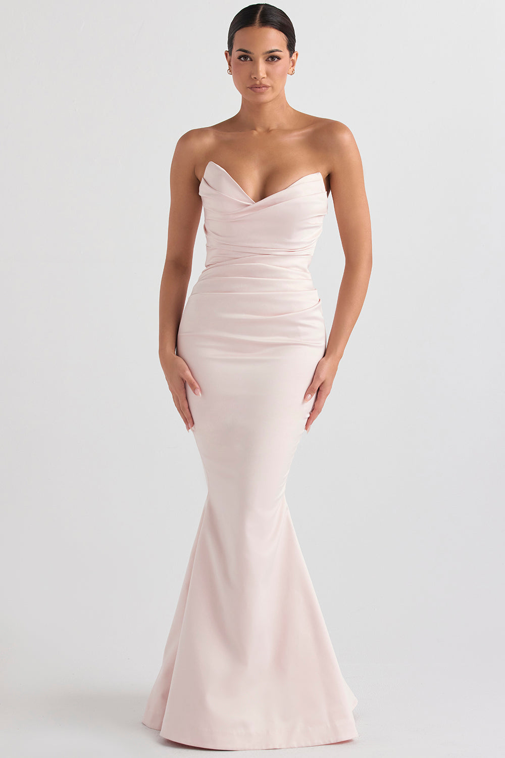 blush satin strapless gown