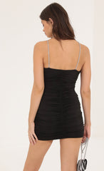 Rhinestone Ruched Bodycon Dress in Black