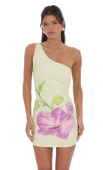 One Shoulder Floral Print Dress in Pastel Green