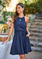Newshows Womens 2025 Summer Dress Halter Wedding Guest Casual Beach Vacation Outfits Belted Sundresses with Pockets