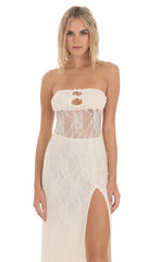 Lace Cutout Strapless Maxi Dress in Cream