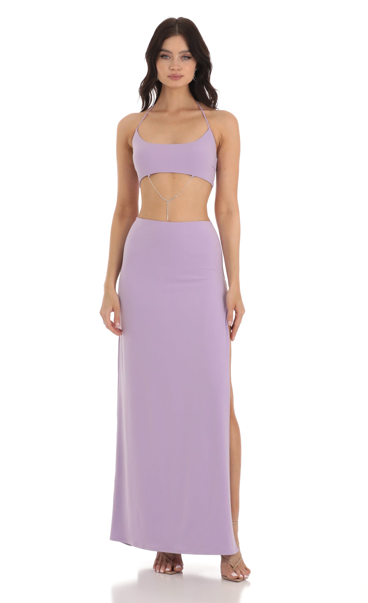 Rhinestone Cutout Maxi Dress in Purple