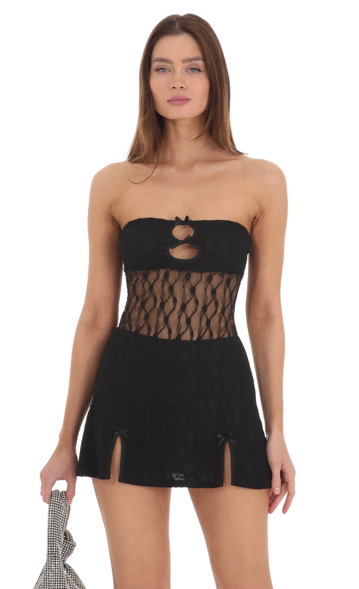Lace Cutout Strapless Dress in Black