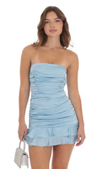 Strapless Satin Ruched Bodycon Dress in Light Blue