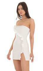 Flower Ruffle Slit Dress in White