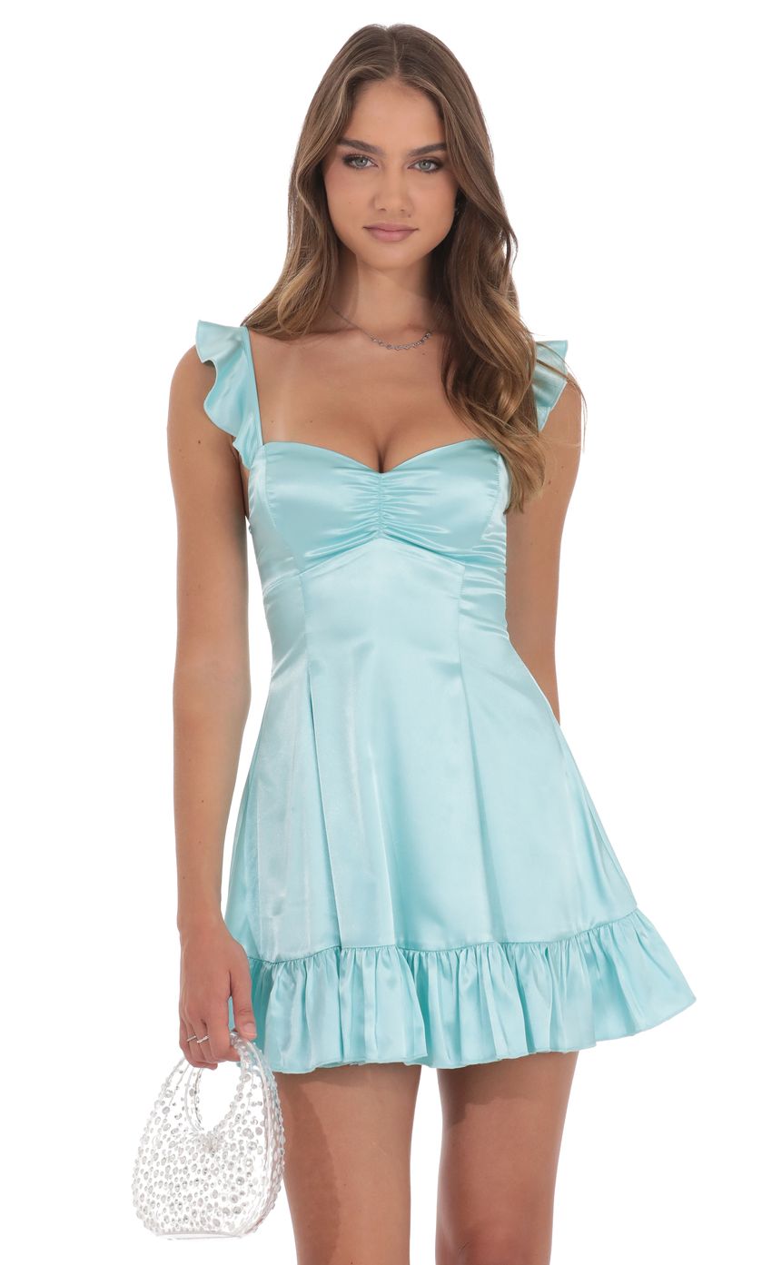 Satin Ruffle Fit and Flare Dress in Cyan