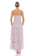 Floral Lace Ruched Ruffle Maxi Dress in White