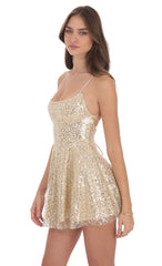 Sequin Beaded Fit and Flare Dress in Gold