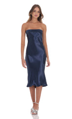 Strapless Satin Open Back Midi Dress in Navy