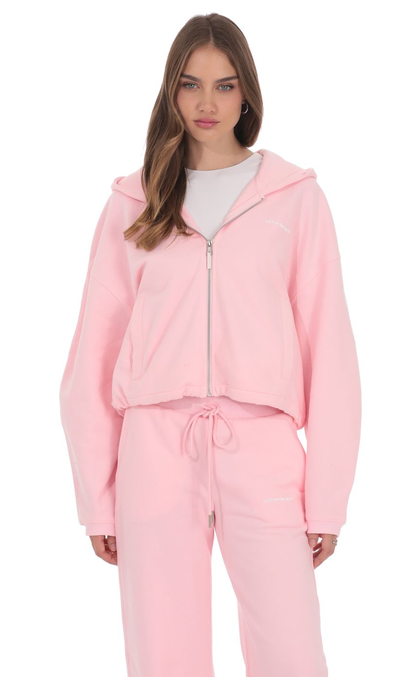 Cropped Fleece Zip-Up Hoodie in Pink