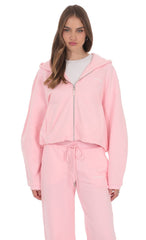 Cropped Fleece Zip-Up Hoodie in Pink