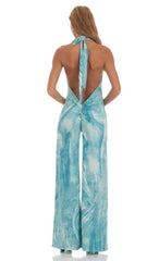 Drape Open Back Jumpsuit in Blue Swirl
