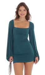 Balloon Sleeve Bodycon Dress in Teal Blue