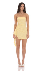 Strapless Ruched Tassel Dress in Yellow