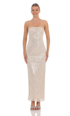 Fringe Sequin Strapless Maxi Dress in Champagne