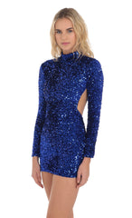 Velvet Sequin Open Back Dress in Blue