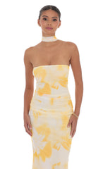 Scarf Mesh Floral Strapless Maxi Dress in Yellow