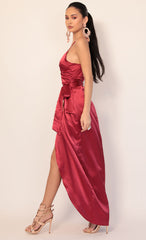 Pleated Satin Maxi Dress in Merlot