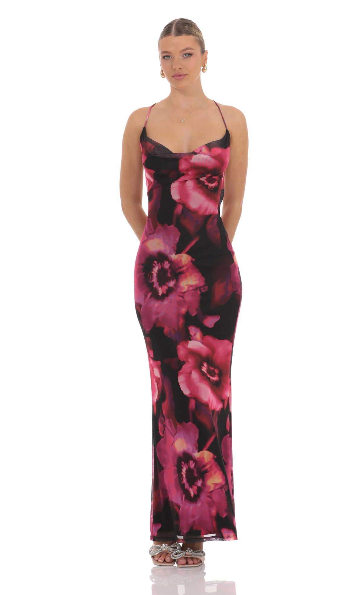 Mesh Floral Cowl Neck Maxi Dress in Black