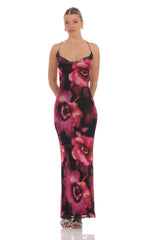 Mesh Floral Cowl Neck Maxi Dress in Black