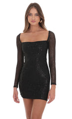 Sequin Square Neck Bodycon Dress in Black
