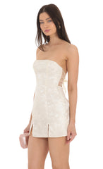 Jacquard Back Bow Strapless Dress in Cream