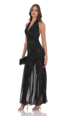 Rhinestone Plunge Cowl Neck Maxi Dress in Black