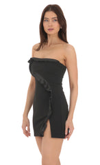 Flower Ruffle Slit Dress in Black