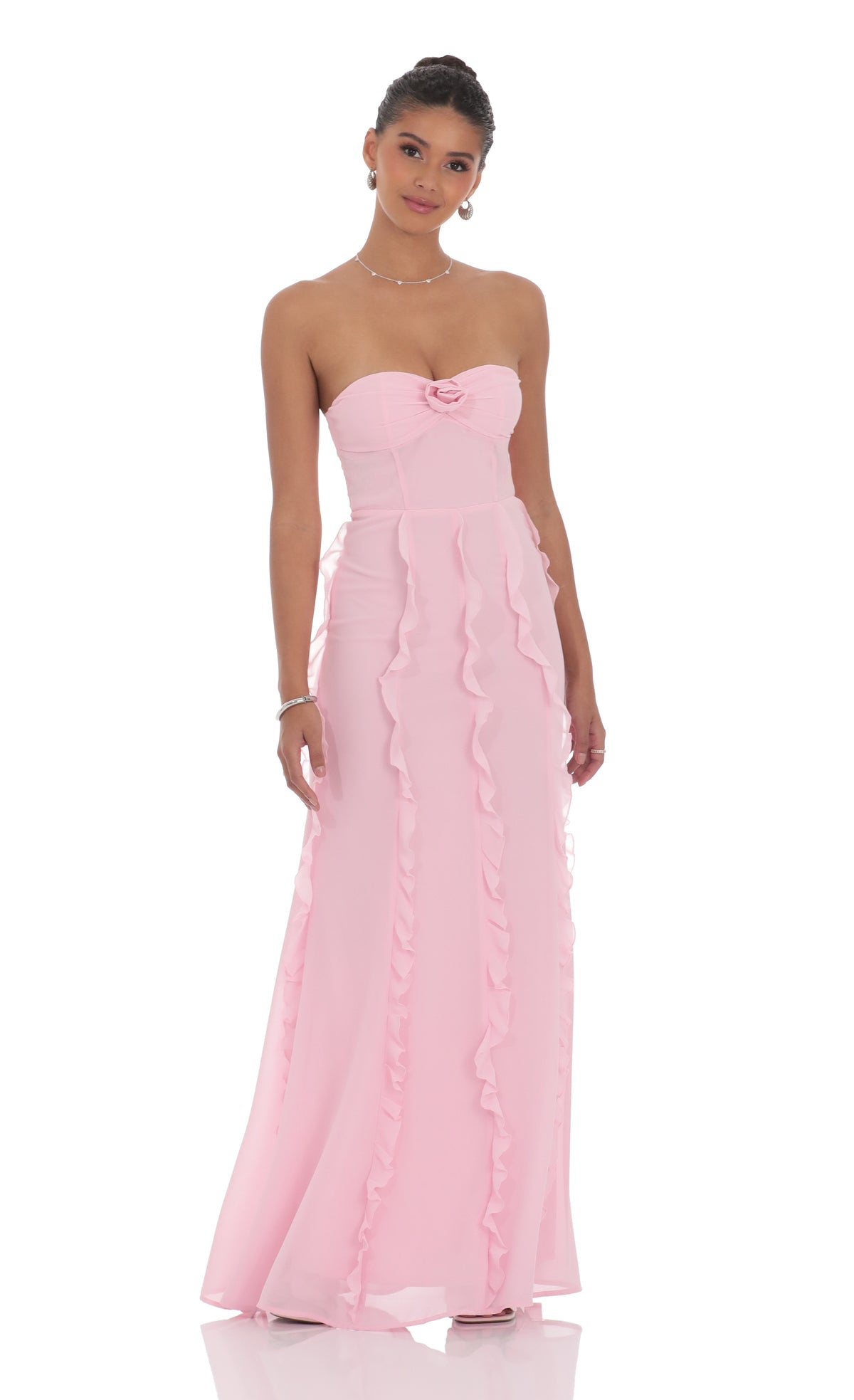 Chiffon Rossette Ruffle Maxi Dress in Pink