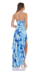 Floral Strapless Ruffle Asymmetrical Maxi Dress in Blue