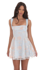 Embroidered Floral Fit and Flare Dress in Pastel Blue