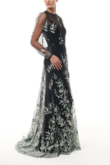 Long Sleeve Embroidered Tulle Gown