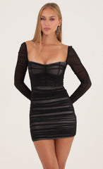 Mesh Long Sleeve Bodycon Dress in Black