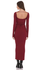 Cinch-Tie Ribbed Maxi Dress in Burgundy