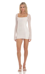 Shimmer Mesh Ruched Bodycon Dress in White