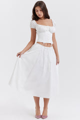 white gathered midi skirt