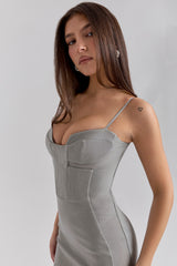 light grey mesh panelled bodycon midi dress