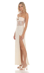 Lace Cutout Strapless Maxi Dress in Cream