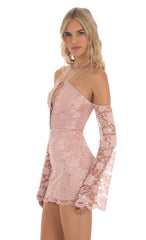 Lace Sequin Off Shoulder Dress in Dusty Rose